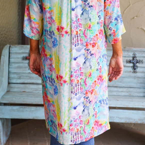 APNY Multi Colored Floral Button Down Long Top Or Kimono With Side Slits - Picture 4 of 4